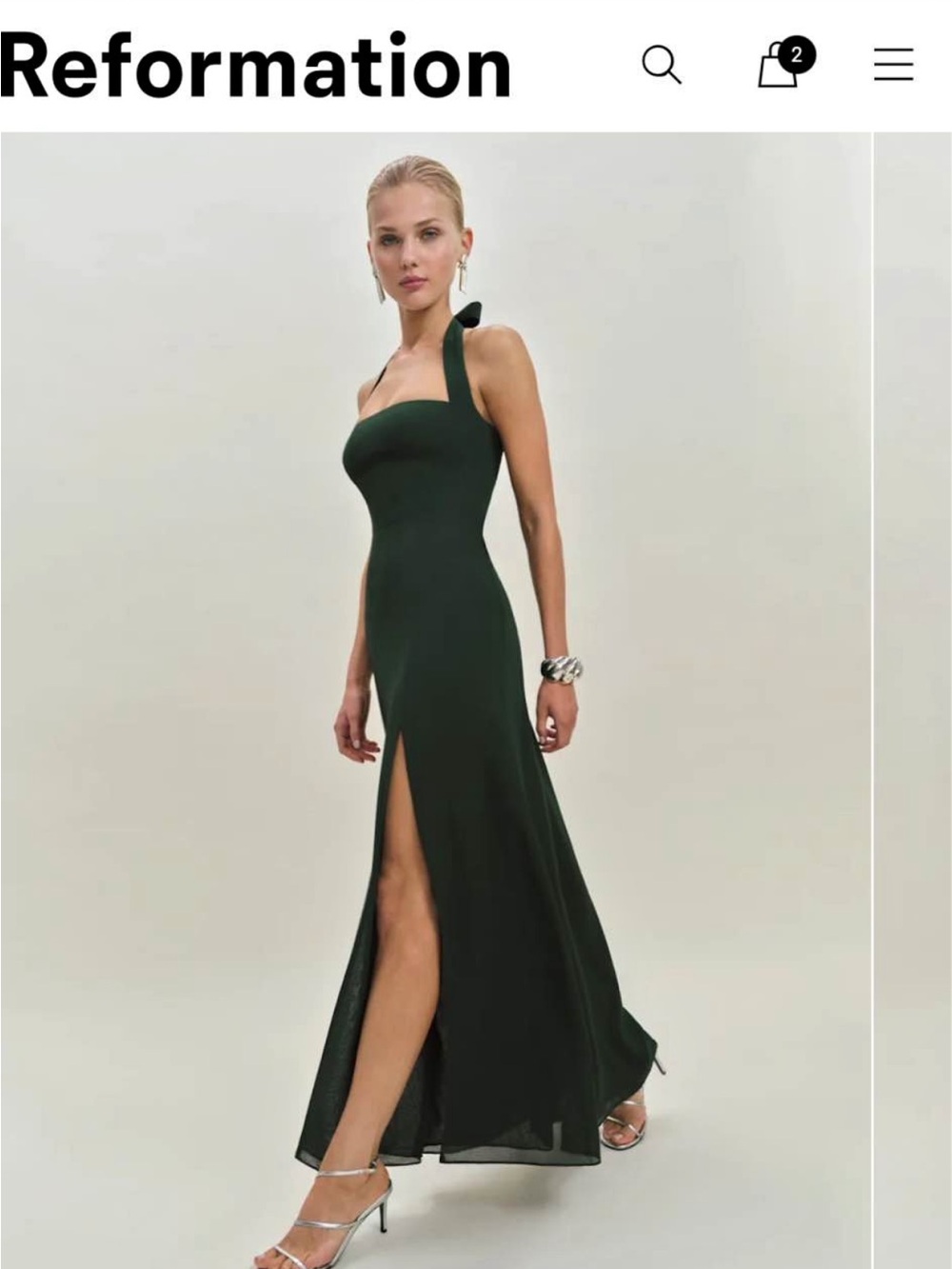 Reformation Jovelle Dark Green Evening Dress with High Slit